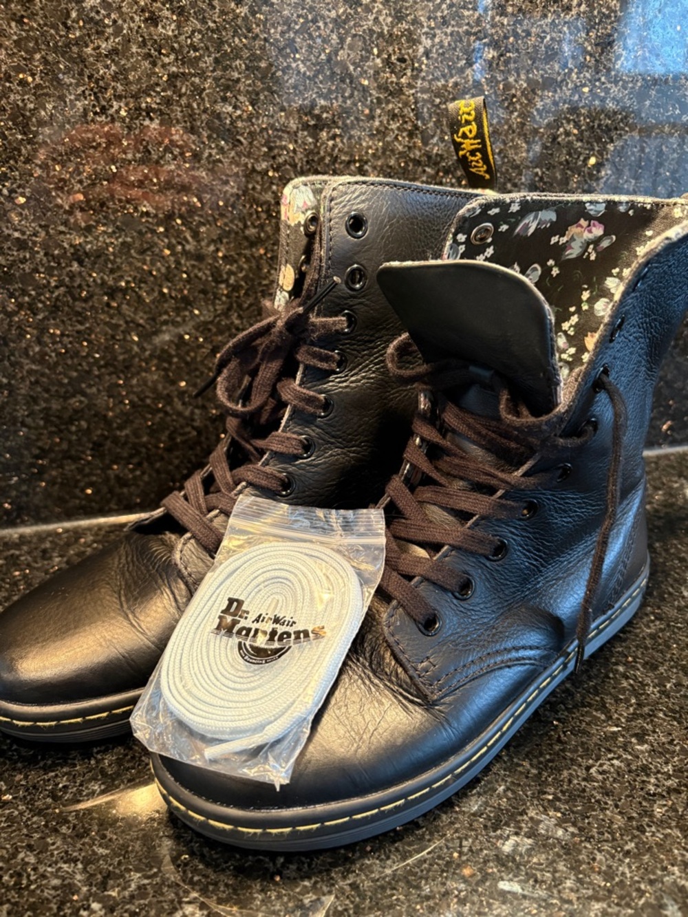 Dr. Martens Black Leather Combat Boots with Floral Lining - Picture 2 of 8